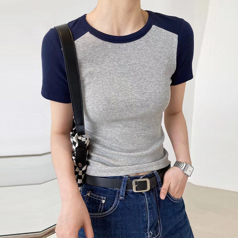 Foreign style splicing short-sleeved T-shirt women's summer design sense 2026 new slim-fit top retro threaded excellent cotton bottoming shirt