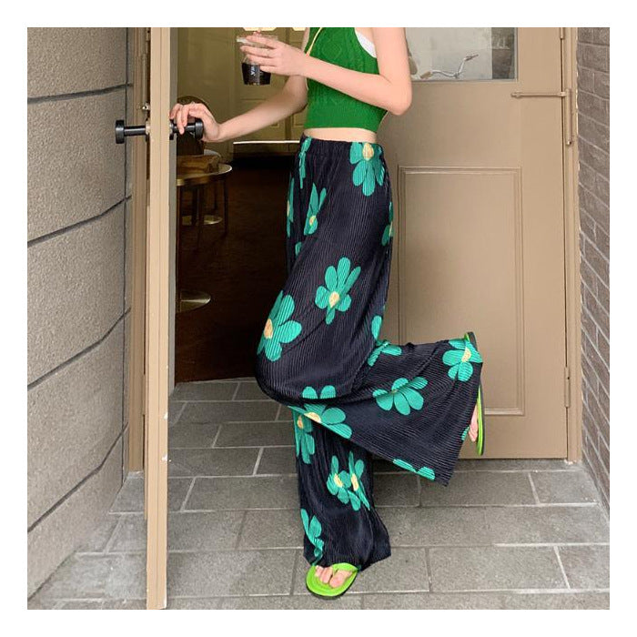 Korean version of women's clothing colored flower printing wide-leg pants high waist drape and thin straight pleated casual pants mosquito-proof wholesale