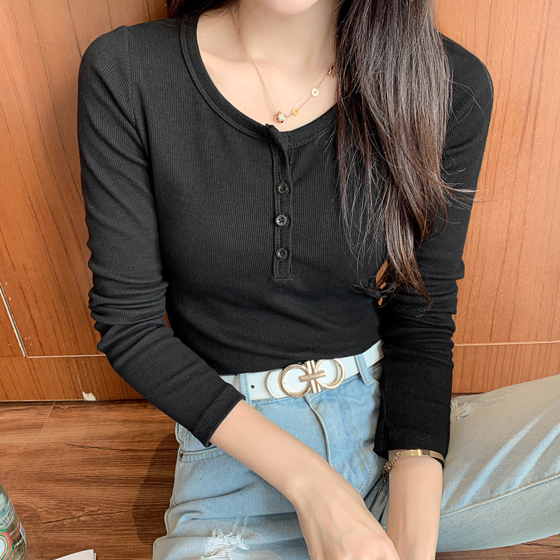 Versatile and not picky, excellent cotton threaded button-down bottoming shirt women's long-sleeved T-shirt 2026 spring new slim-fitting and thin top