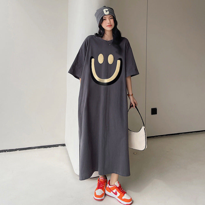 Korean version Dongdaemun summer round neck big smiley face print casual loose and versatile solid color short-sleeved casual dress