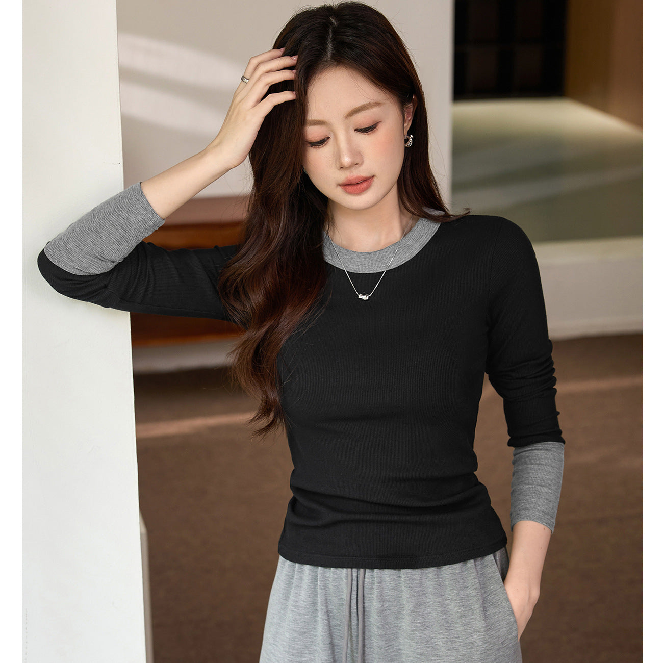 #Superior choice #High-end design foreign-style contrasting T-shirt women's long-sleeved 2026 autumn new pure cotton bottoming shirt