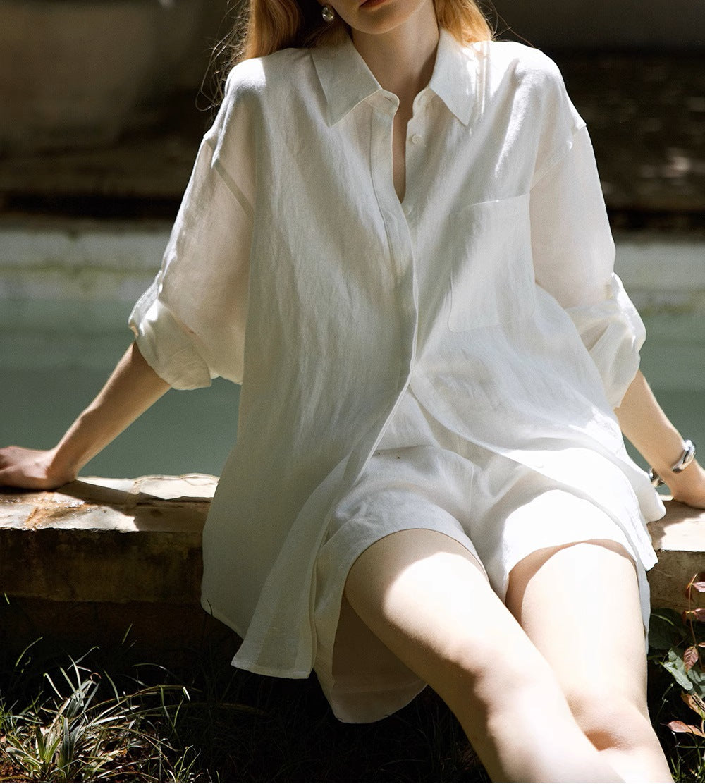 COUNTOME Slack Summer/Lazy Casual Style Full Linen Roll Shirt/Shorts Sunscreen Set