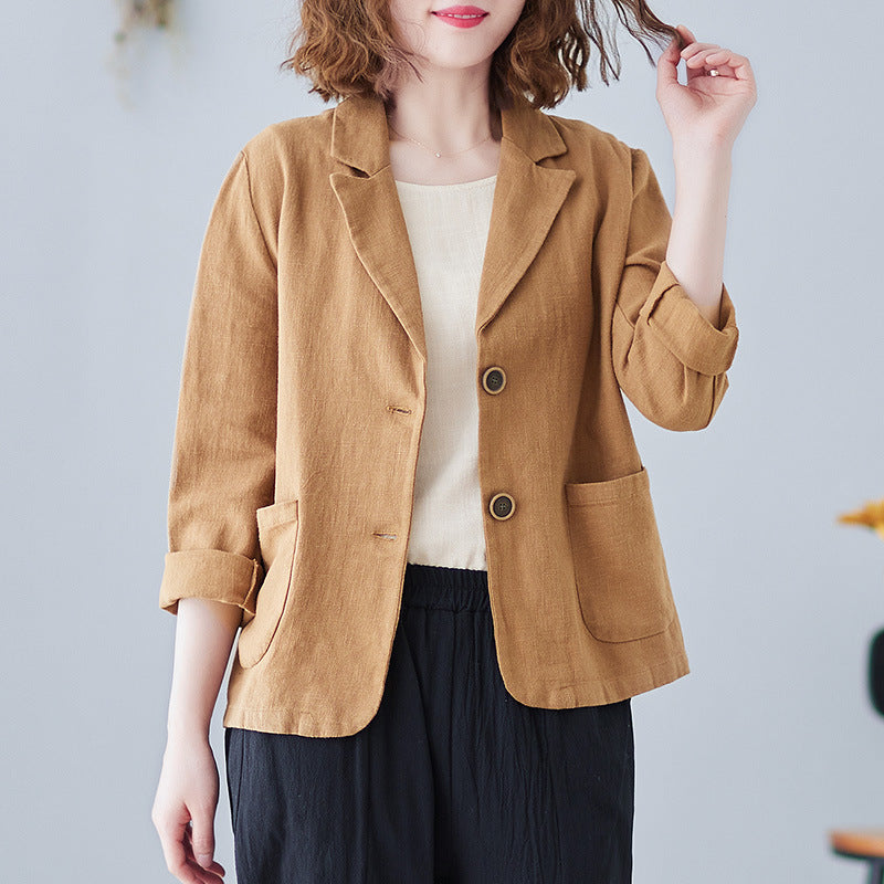 Real shot 2025 spring new literary loose solid color lapel long-sleeved blazer women's outer top 6003