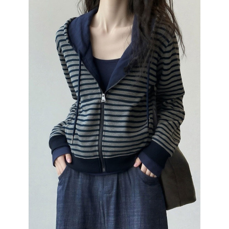 Cool gray striped hooded zipper sweater jacket American retro light ripe niche non-collision top autumn