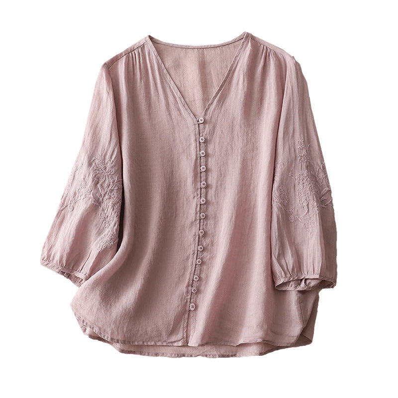 Real shot 2025 summer new literary embroidery button shirt V-neck cardigan cotton and linen shirt top women's clothing