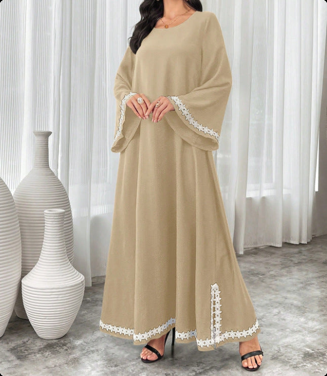 2025 AliExpress Amazon Middle East Dubai Hot Sale Splicing White Lace Crew Neck Slits Dress