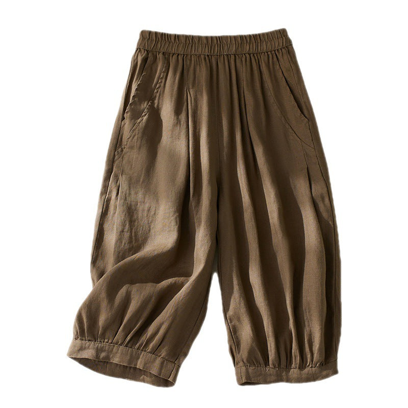 Real shot 2025 summer new retro literary loose cotton and linen elastic waist casual tied feet Harlan five-point pants women