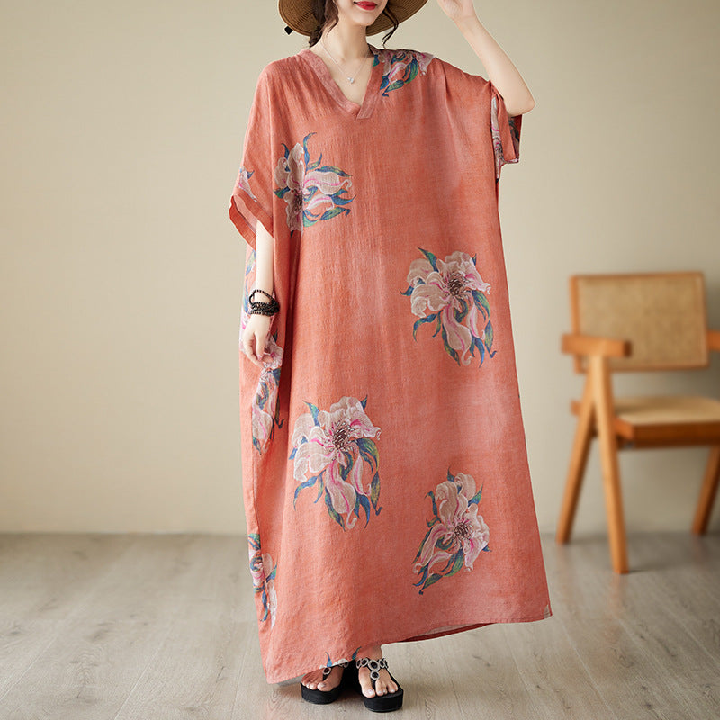 Real shot 2023 summer v-neck thin cotton and linen large size loose literary holiday wind beach skirt retro long robe
