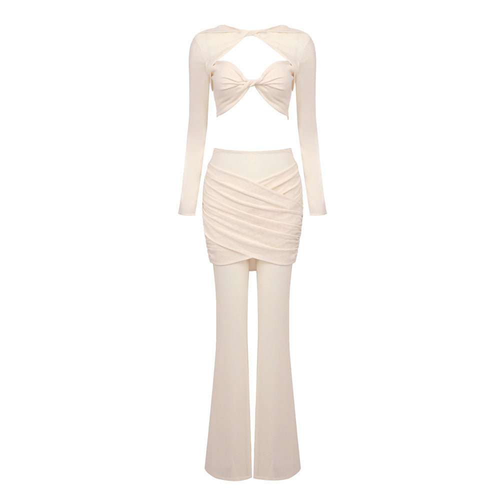 Cross-border new summer women's clothing casual suit top trousers evening dress long sleeve light kink mesh two-piece set