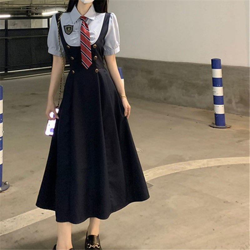 Large size fat mm fake two-piece dress for women's summer new academic style short sleeves, waist and thin temperament a-word skirt
