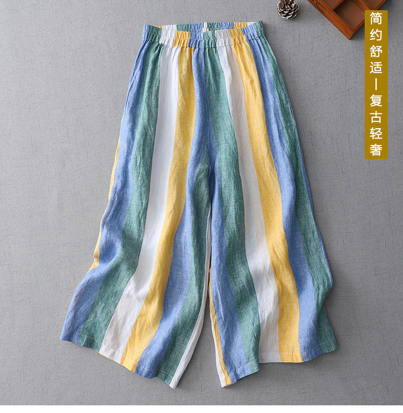 Spring and summer 2025 new cotton and linen color striped wide-leg pants drape large size loose color matching women's clothing