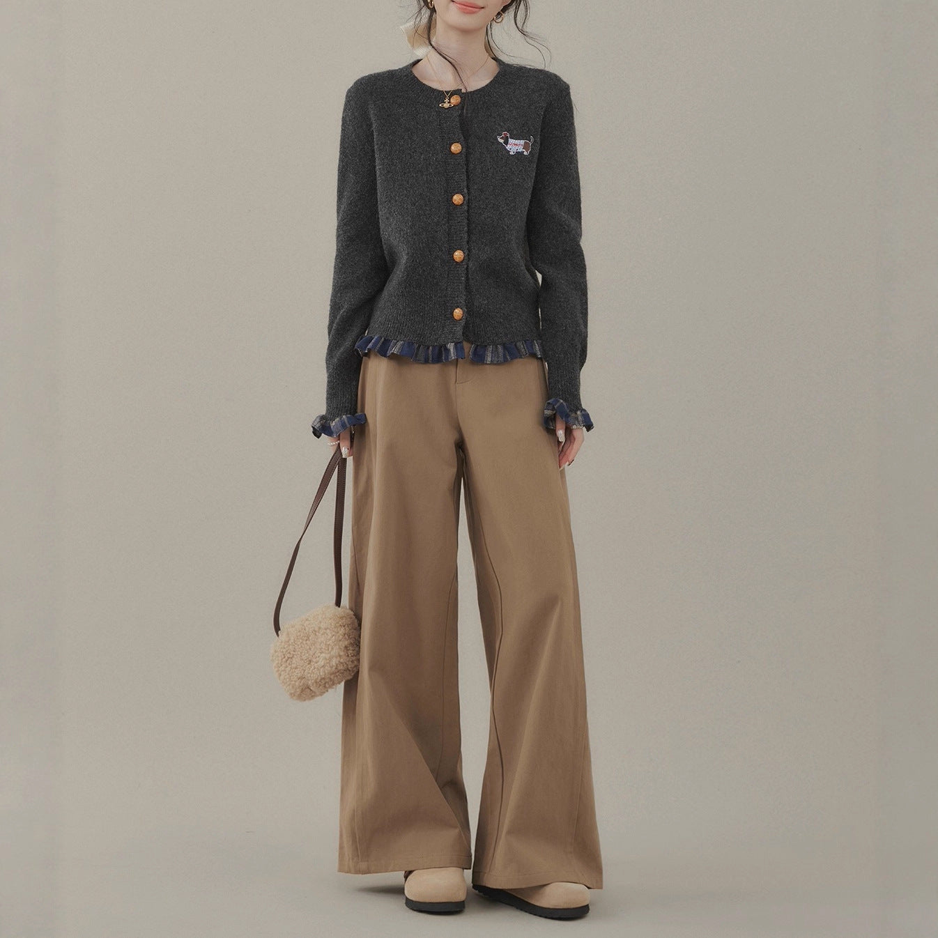 Slightly fat "Puppy Diary" gray splicing fat mm knitted sweater women's new lazy cardigan sweater women's top