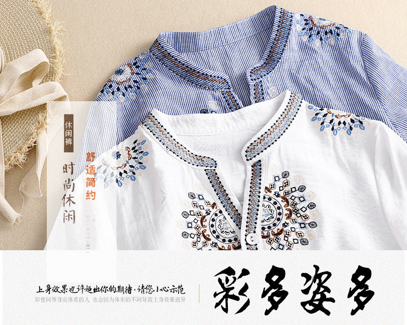 Real shot 2025 summer new retro loose embroidery flower stand-up collar five-quarter sleeve shirt blouse top #9026