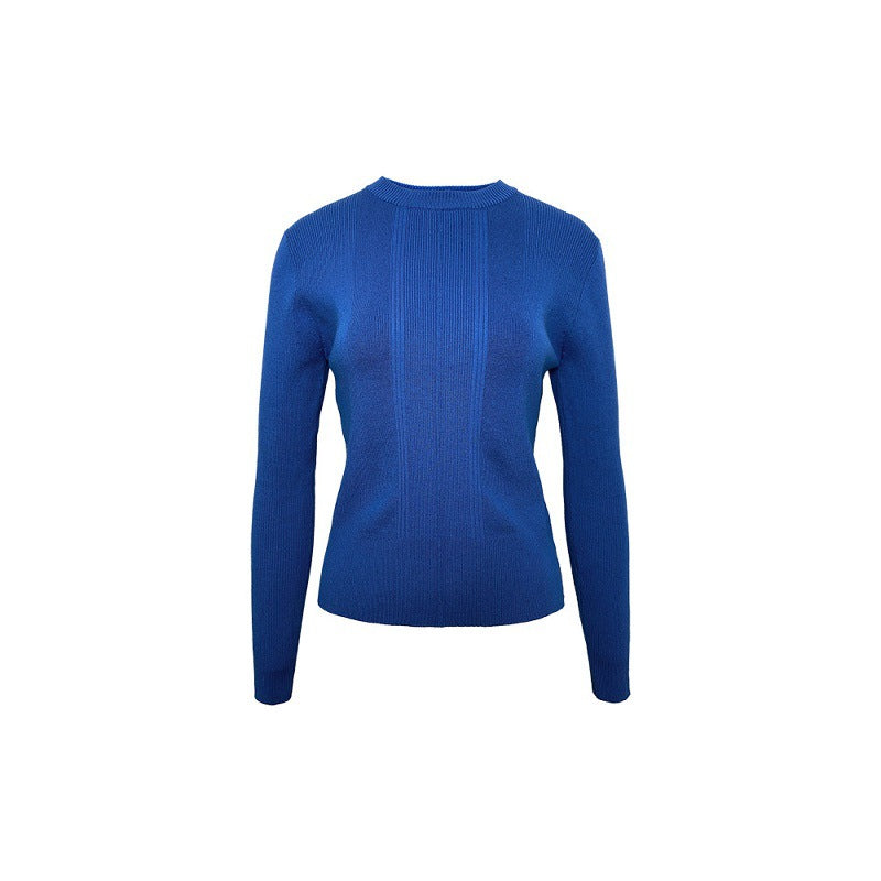 IN JOMI blue sweater crew neck new temperament waist slimming versatile ribbed knitted long sleeve design