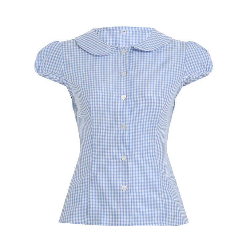 American girly temperament organ pleated solid color POLO neck short-sleeved shirt waist short breasted button-up top