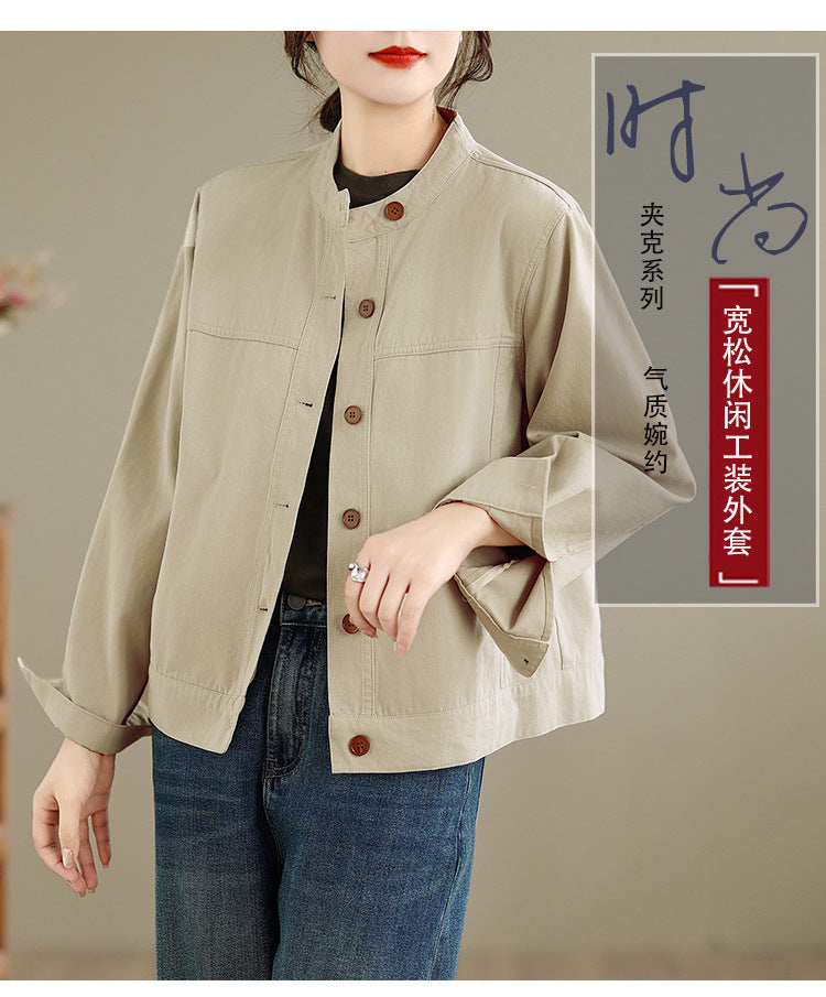 Real shot 2025 autumn and winter new small short stand-up collar loose tooling jacket top coat women