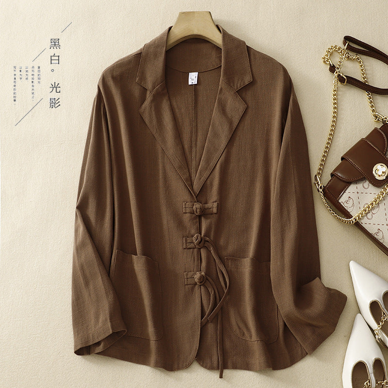Real shot 2025 spring new literary loose solid color cotton and linen buckle long-sleeved blazer women's top
