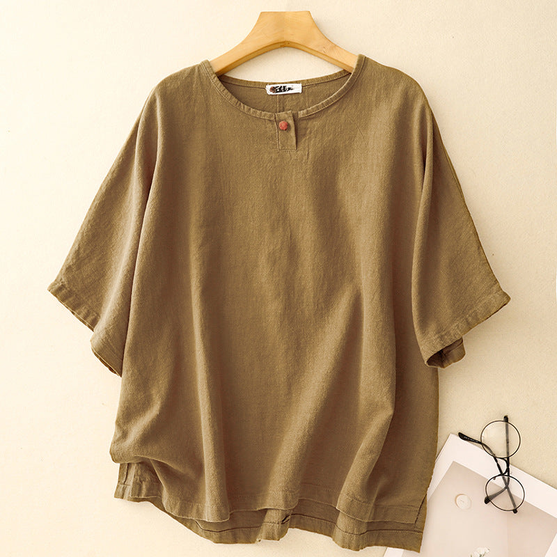 Real shot 2025 summer new literary loose solid color cotton and linen round neck short-sleeved T-shirt women's top 8056 #