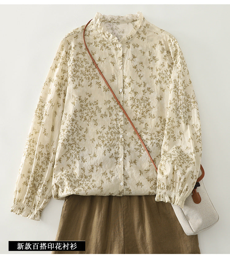Real shot 2025 autumn new French literary floral lace collar printed shirt top women