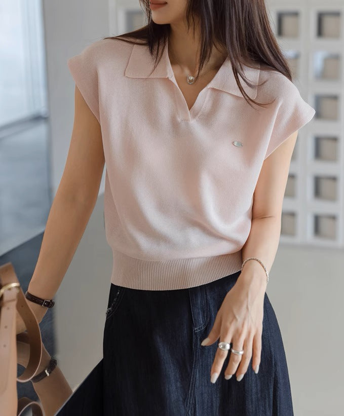 White linen tencel lapel knitted short-sleeved women's commuter new summer temperament short polo shirt and top