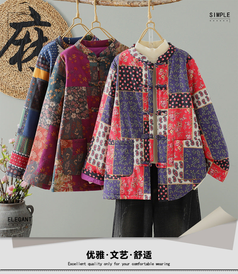 Printed new Chinese style floral cotton clothes women's 2025 new winter buckle cotton jacket