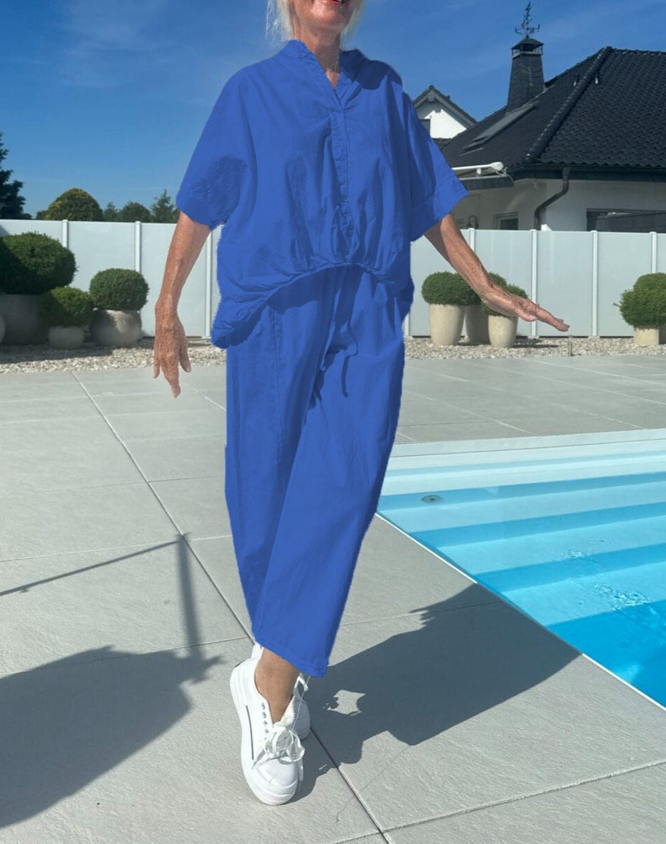 2025 summer new European and American cross-border Amazon simple solid color lapel short-sleeved fashion casual shirt set