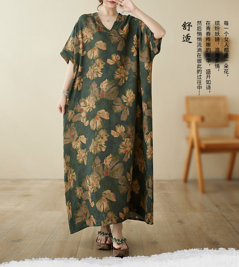 Real shot 2024 summer thin cotton and linen V-neck large size loose vacation wind beach dress retro medium and long dress women