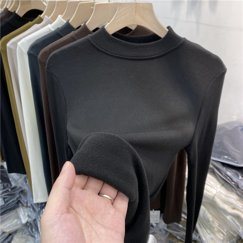 磨毛加绒立领打底衫女长袖棉T恤2026秋冬新款半高领百搭内搭上衣