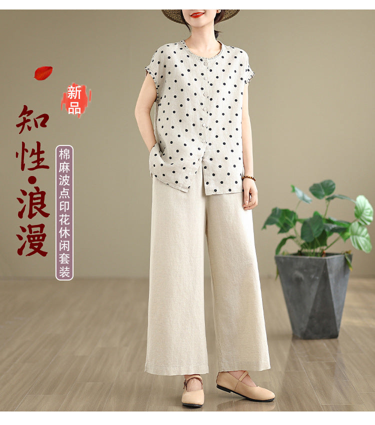 Real shot 2025 summer new cotton and linen large size literary loose and thin shirt + pants two-piece suit women