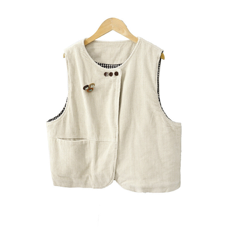 Real shot 2025 autumn new large size corduroy Mori retro vest niche sleeveless cotton vest jacket women