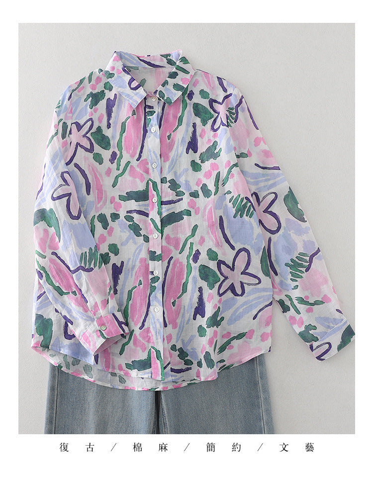 Real shot 2025 spring new color ink color printing light and breathable long-sleeved shirt top women #1079