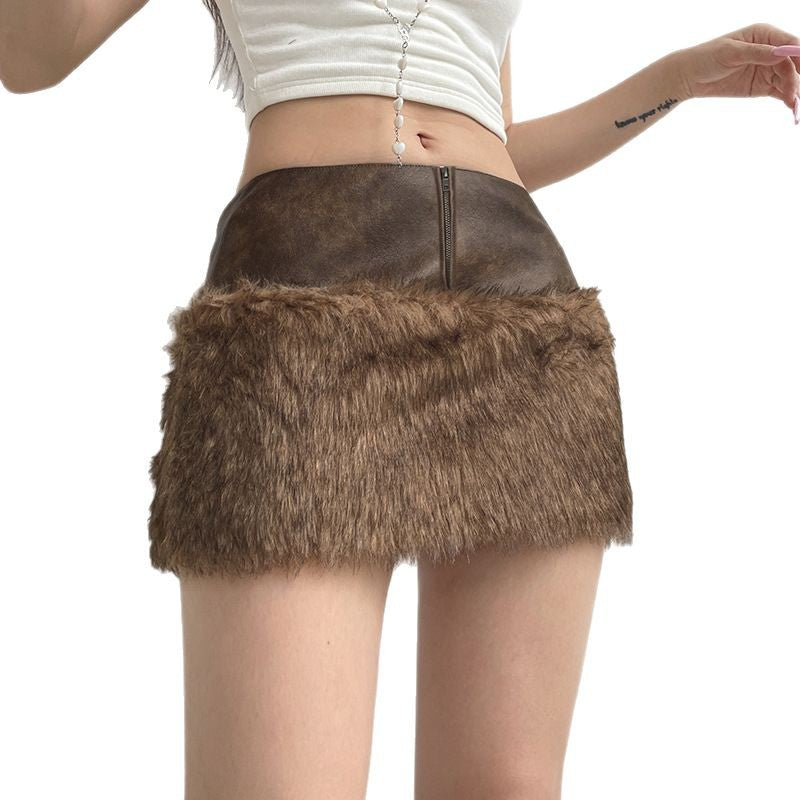 Love cloth forget retro brown low waist open button zipper fluffy short skirt design sense leather splicing hip skirt