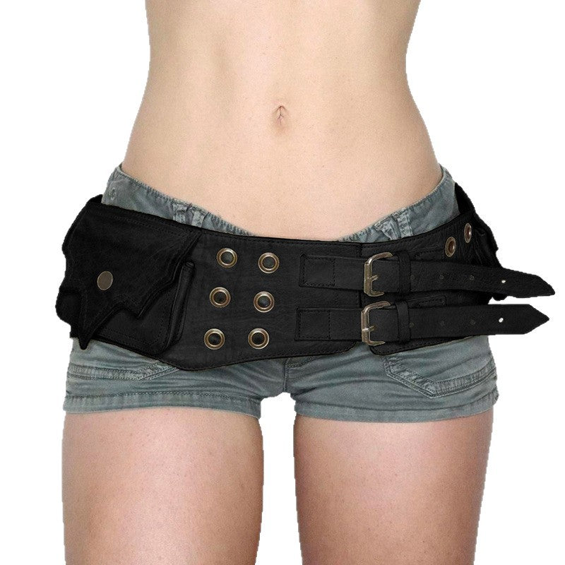 Western denim style double buckle metal waist rivet three-dimensional leather belt personalized trend casual mini waist fanny pack