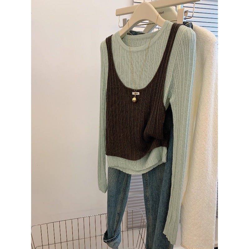 Mint makes perfect~ Korean style contrasting colors fake two-piece knitted sweater women's autumn 2025 new design chic top