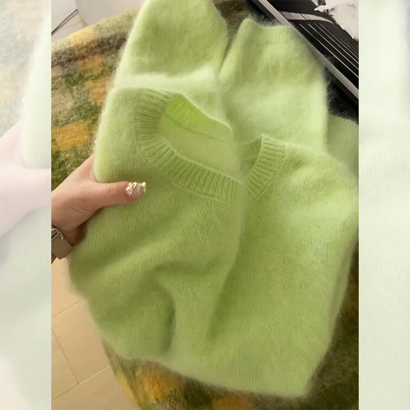 Maillard brown soft waxy mohair crew neck pullover sweater women's autumn and winter outer wear milk fufu thickened knitted top