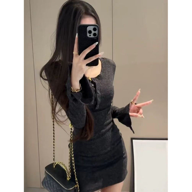 2025 Fall/Winter New Half-Button Retro Long-Sleeved Dress Women's Waist Slimming Sexy Slim Hip Skirt