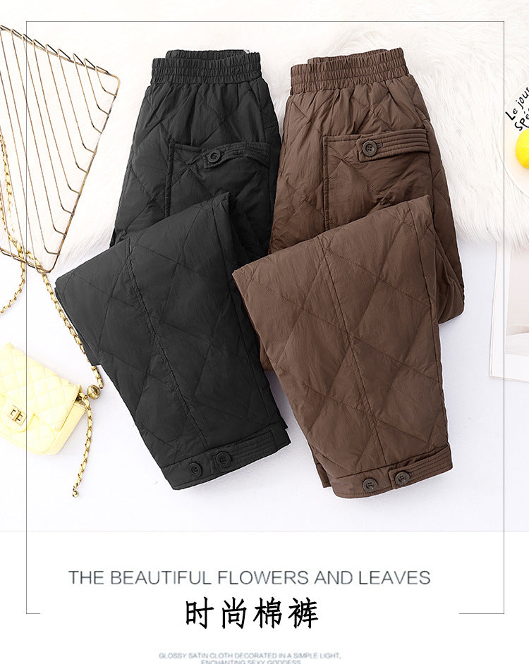 Real shot 2025 winter new literary solid color rhombus pocket thin thermal casual pants outer wear women
