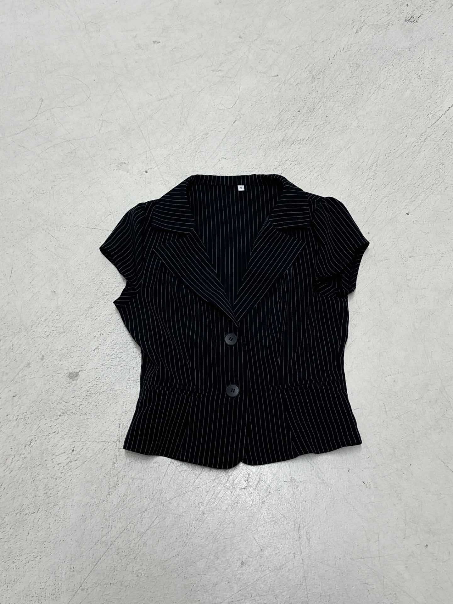BM American Spice Girl Deep V Lapel Striped Shirt Two Button Cardigan Waist Short Sleeve Commuter Basic Suit