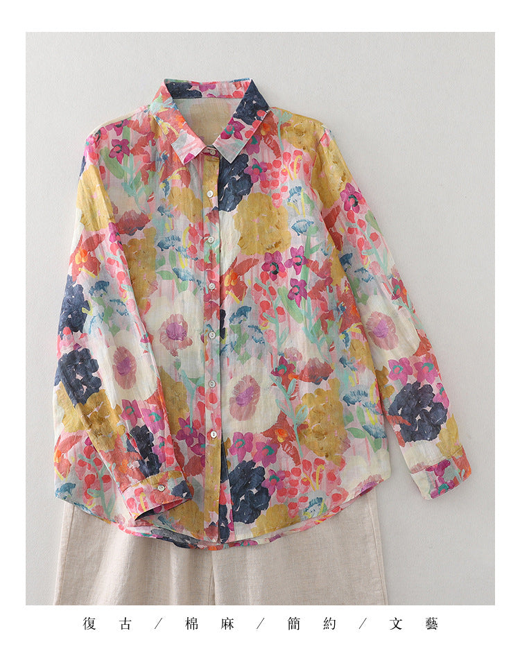 Real shot Spring 2025 new cotton and linen floral French niche printing long-sleeved shirt blouse #1077
