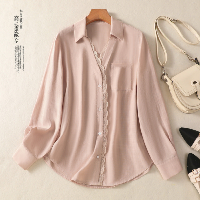 Real shot 2025 autumn new French V-neck long-sleeved shirt design sense lace splicing white shirt top