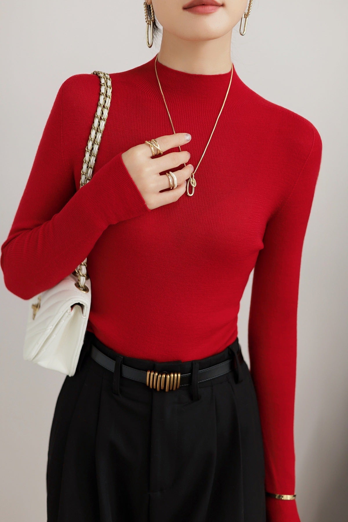 Machine washable! Grey Yangtze yarn worsted 100% wool bottoming shirt women's semi-turtleneck autumn and winter tight knit sweater