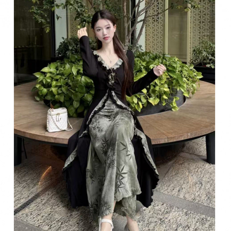 Large size new Chinese style fake two-piece dress women's clothing autumn pear-shaped body skirt fat MM thin A-shaped skirt