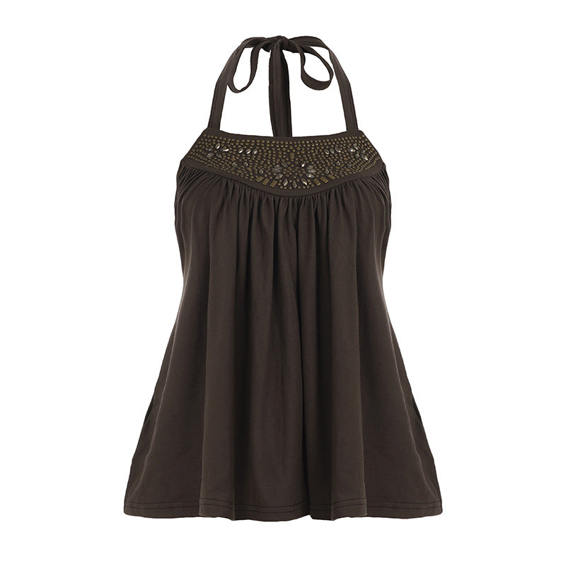 French sexy lace splicing neck halter A pendulum sling vest Spice girl temperament slim knitted top