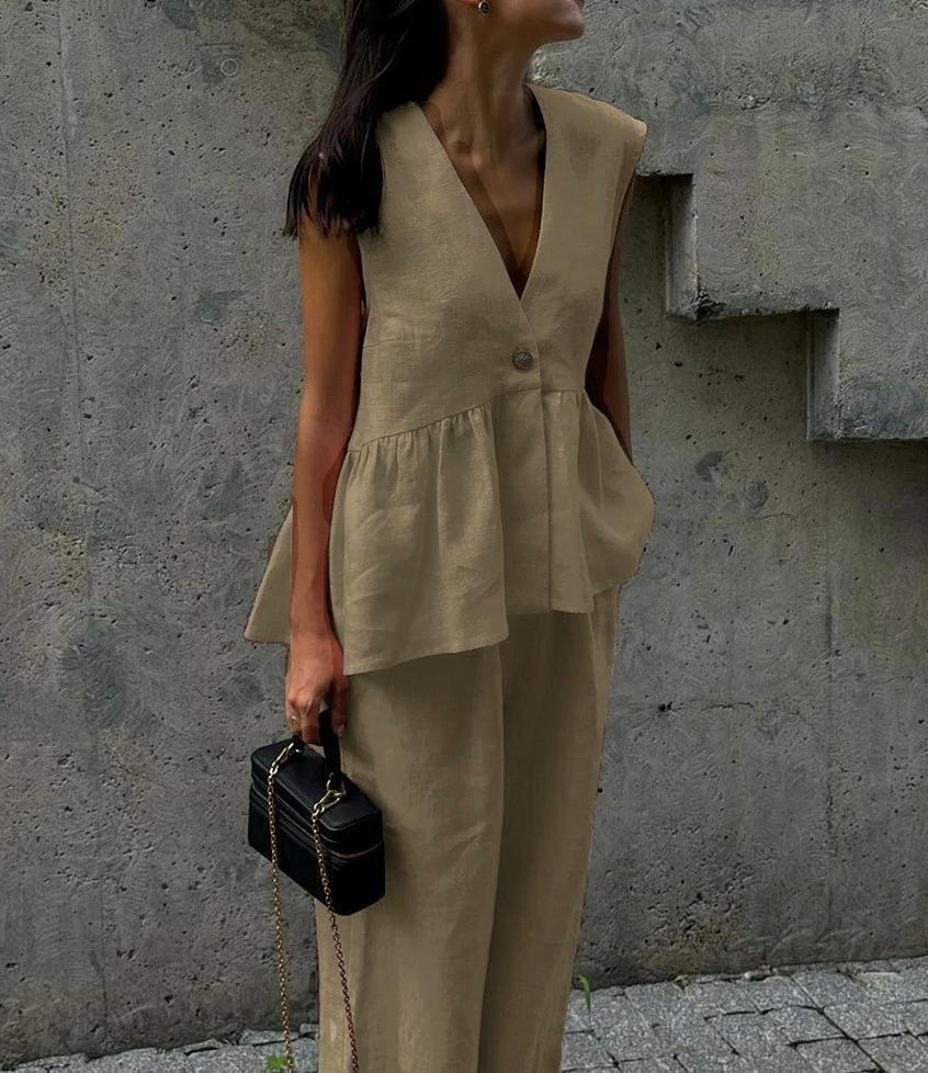 2025 cotton V-neck sleeveless top vest trousers set women's European and American new solid color temperament commuter two-piece set