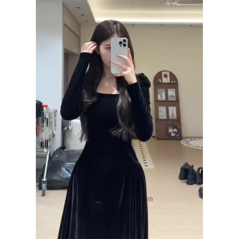 French temperament socialite high-end black velvet dress women's early spring inner birthday party evening dress long dress