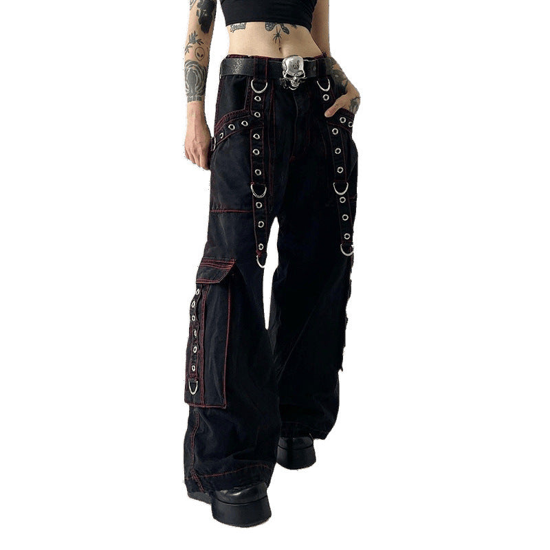 American street retro dark wind cool sa webbing corns chain casual pants contrasting stripes splicing wide-leg pants