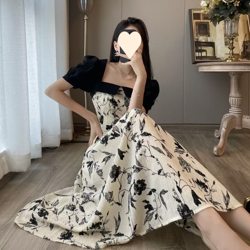 New pure desire French design sense thin splicing floral dress women's summer square neck bubble sleeve a-word dress