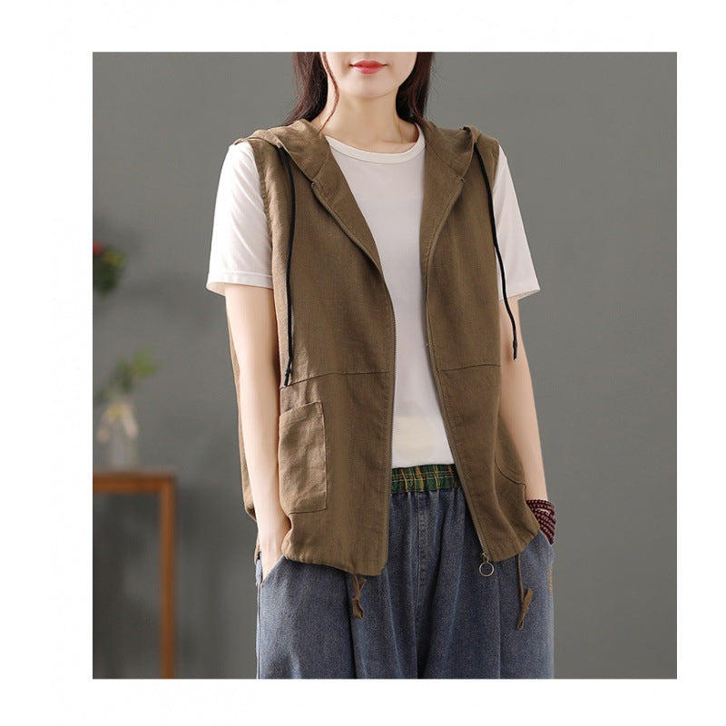 2025 spring new literary and retro loose solid color hooded cardigan vest casual sleeveless vest short coat women