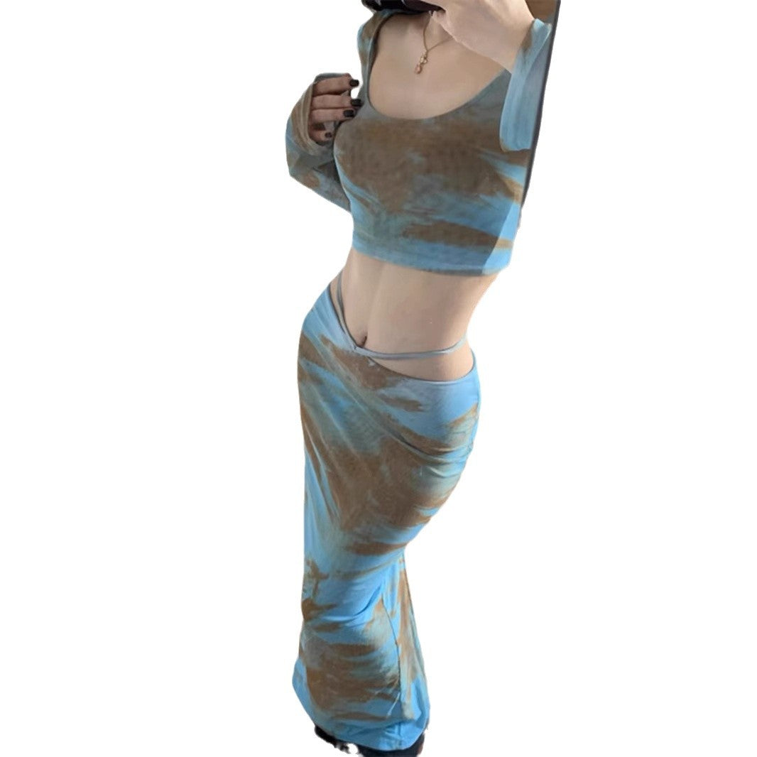 Retro foreign style oil painting tie-dye long-sleeved slim-fitting one-word shoulder fashion summer high-waisted skirt long dress hip-wrap suit