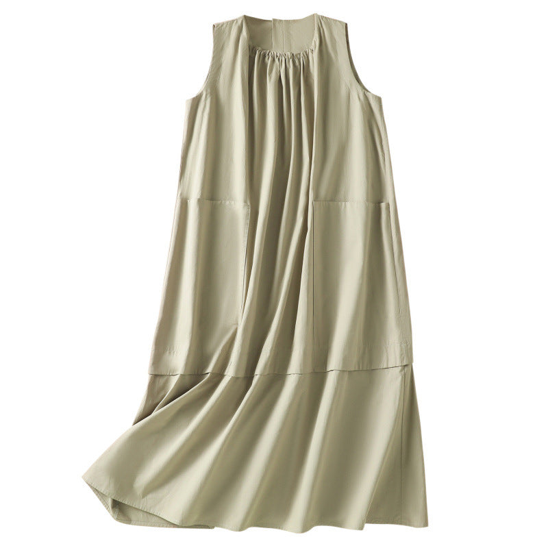 Real shot 2025 summer new cotton and linen large size loose casual thin sleeveless pocket vest dress women